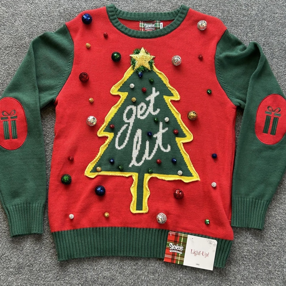 Spencer's Workshop Sweater Mens Large Red Green Get‎ Lit Christmas Tree Light Up